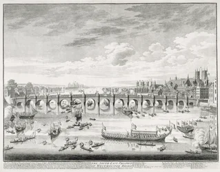 The South East Prospect of Westminster Bridge - Boats Arriving at Parliament for the Swearing in of Sir John Barnard as Lord Mayor of the City of London, 1747